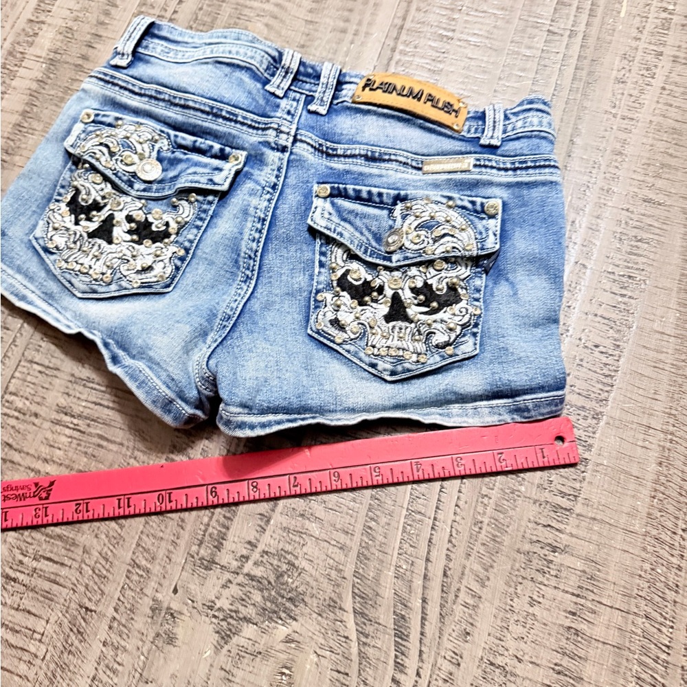 Light Blue Denim Jean Shorts with Stud Detail & Back Skull ๐ Pockets - Picture 11 of 11